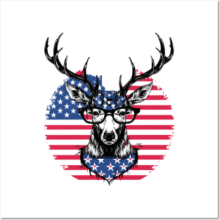American flag Deer wearing glasses Posters and Art